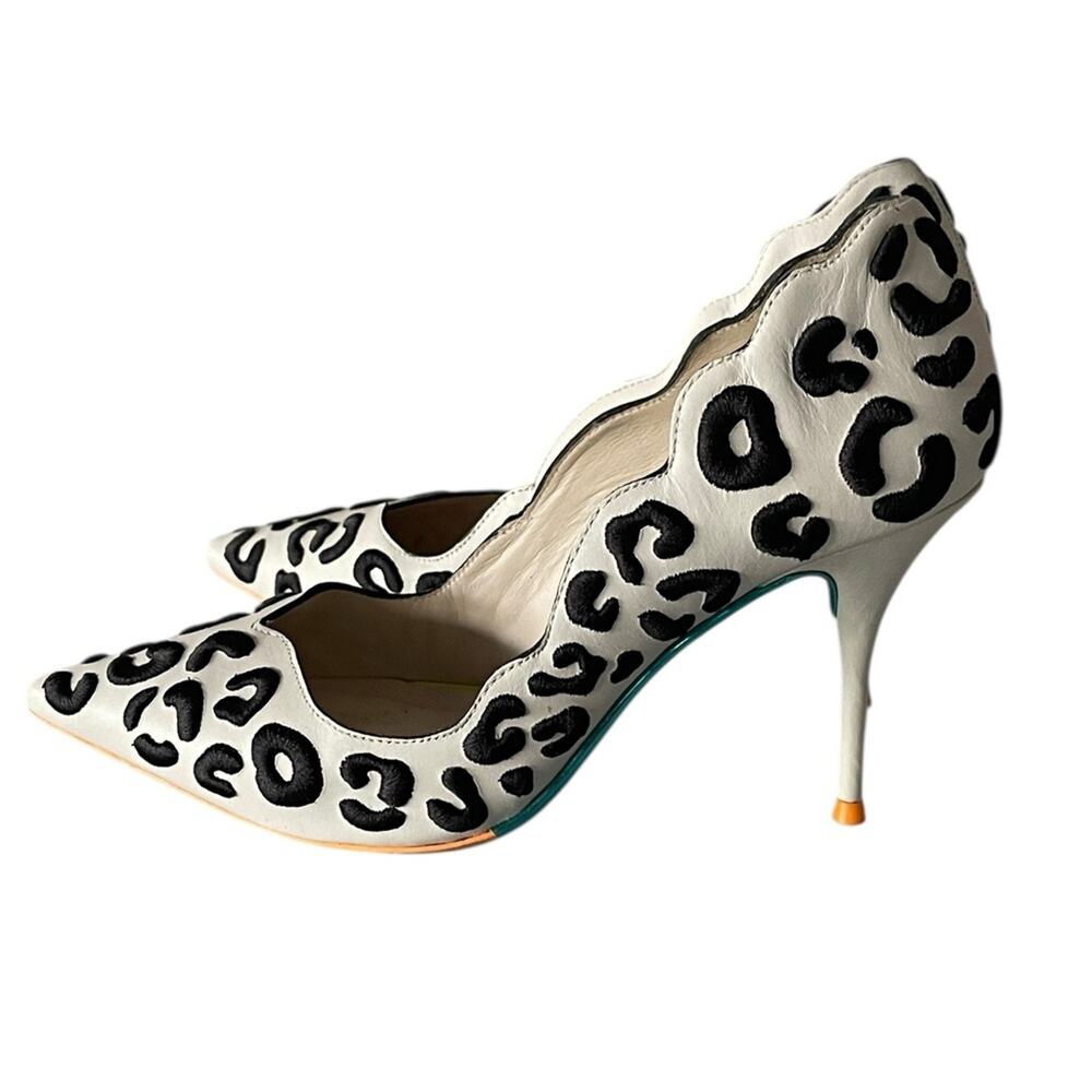 Sophia Webster White Leather Pointed-Toe Heels with Black Leopard Print